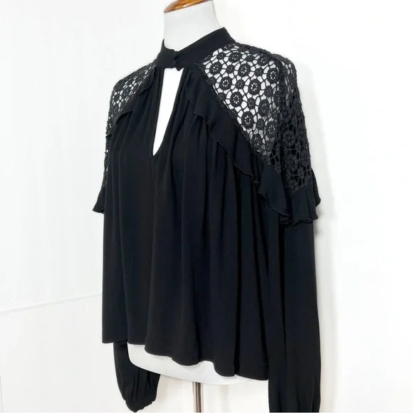 SOLD-Free People Ruffled Crochet Lace Black Draped Relaxed Long Sleeve Top - Picture 5 of 13